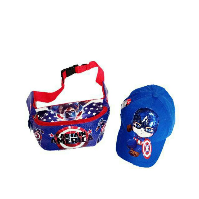 paket tas selempang dan topi LED bisa nyala motif captain america topi anak topi anak waistbag anak laki laki