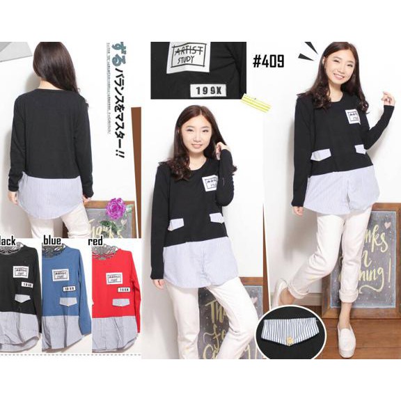 Top Terlarisss Kaos Lengan Panjang Saku Wanita Dewasa Import Baju Perempuan 409 - Merah