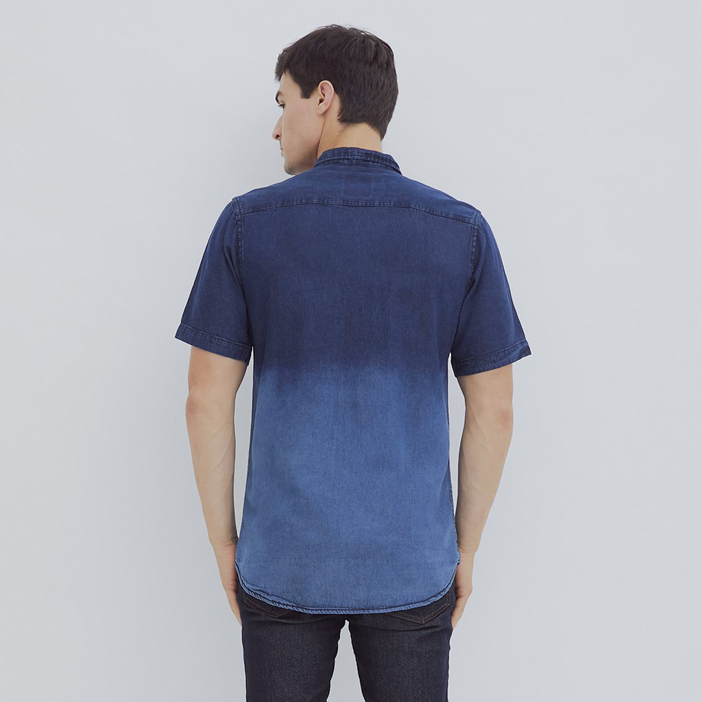 Hillboss Kemeja Jeans Lengan Pendek Pria Biru Jamie - Casual Denim Shirt Two Tone Medium Blue -