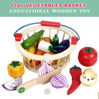 12pc Vegetables Round Basket Kids Food Pretend Play Wooden 