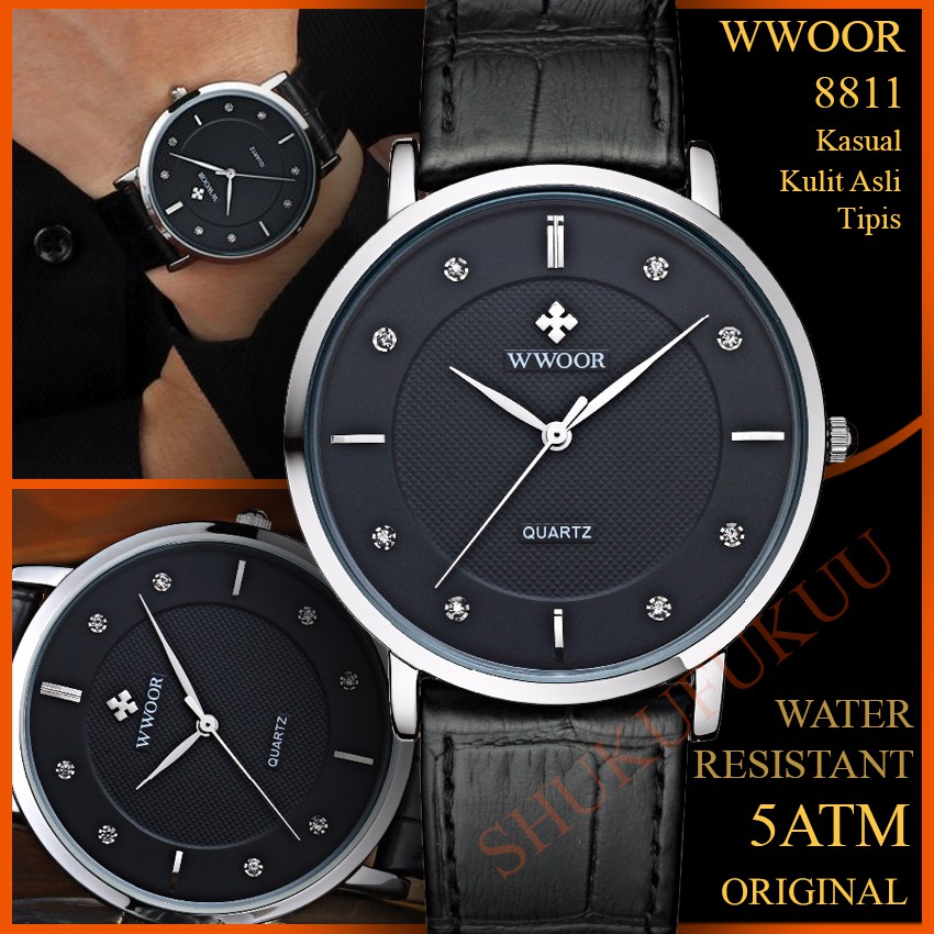 WWOOR 8811 Jam Tangan Pria Klasik Tipis Tali Kulit - Black - Original