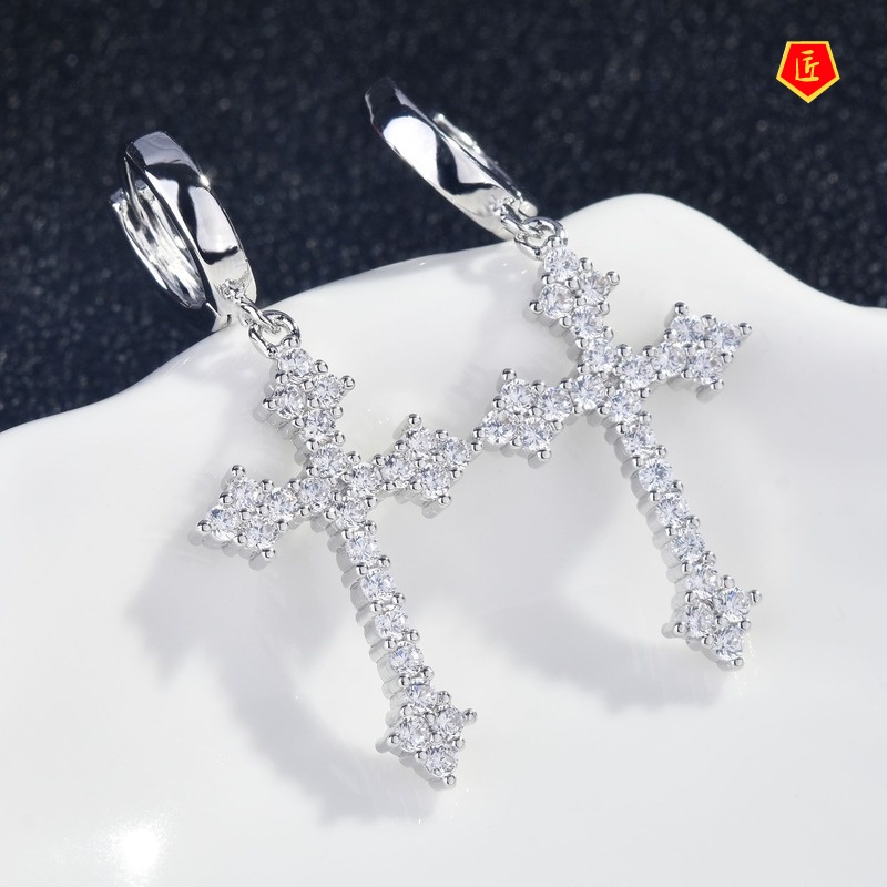 [Ready Stock]Refined Simple Micro-Inlaid Diamond White Cross Earrings