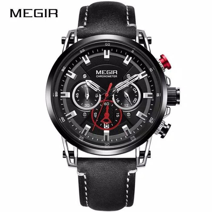 Terlaris MEGIR 2085 Jam Tangan Pria Tali Kulit Chorno Aktif - Hitam Hitam Limited