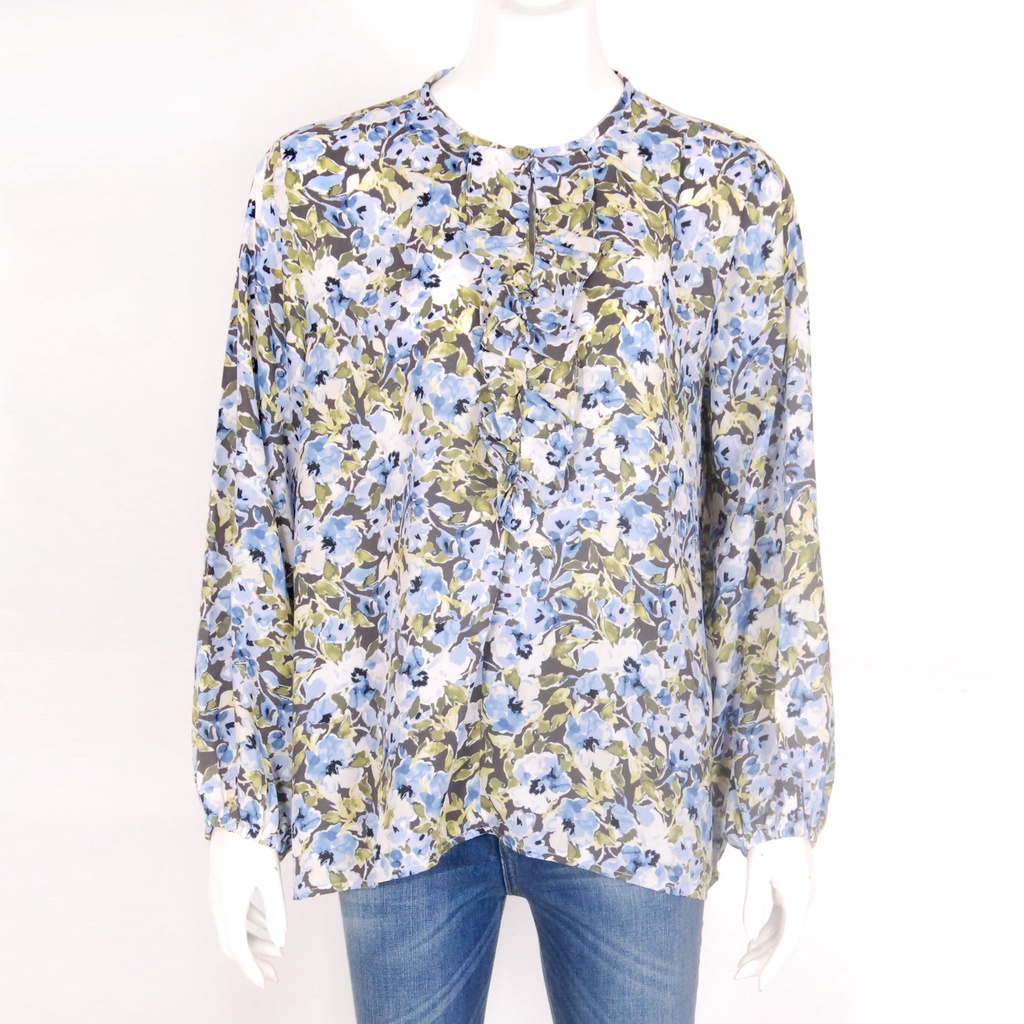 star   liels blouse wanita l13 08a front ruffle blouse bunga blu