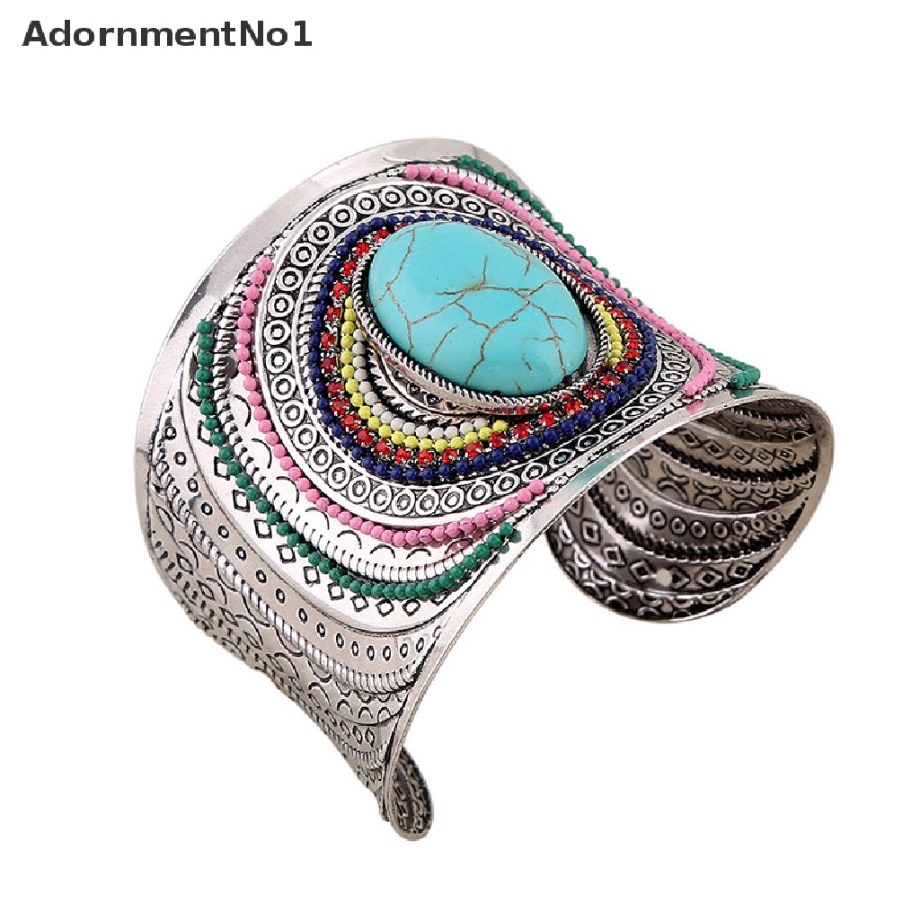 (AdornmentNo1) Gelang Tangan Silver Gaya Tibet Vintage Bohemian Aksen Turquoise Untuk Perhiasan Wanita