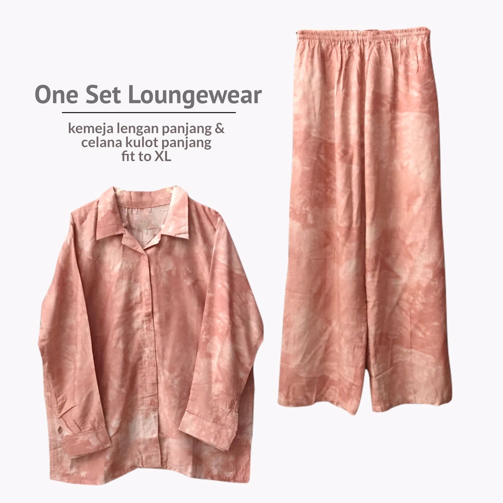 Baju Tidur Set Loungewear One Set Tie Dye Rayon Printing Baju Kemeja Setelan Pajamas piyama Wanita Halus Adem Pink Panjang