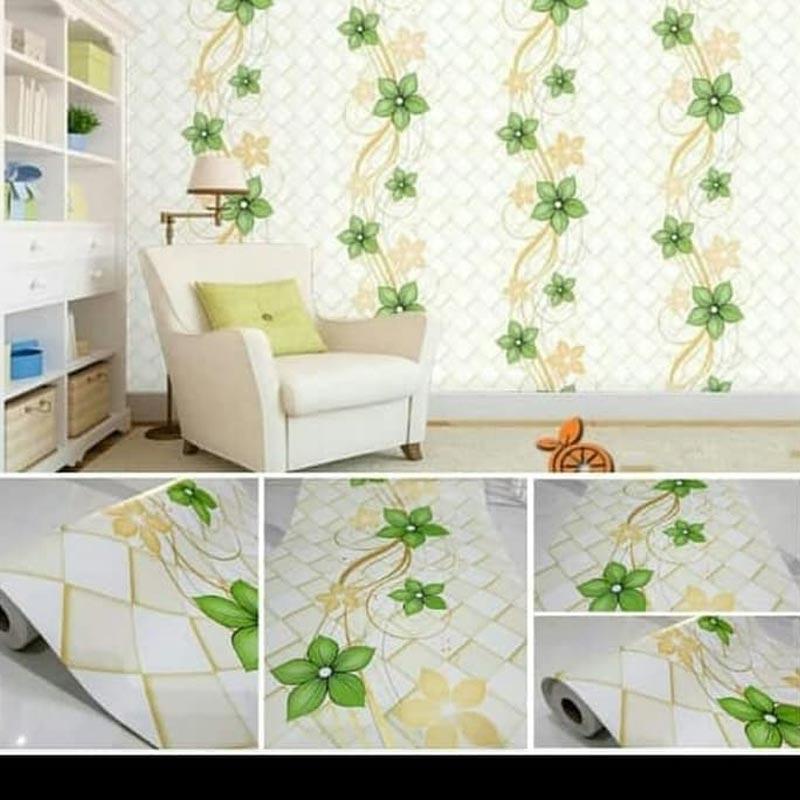 Wallpaper Dinding / Wallpaper Sticker BUNGA HIJAU KOTAK GOLD