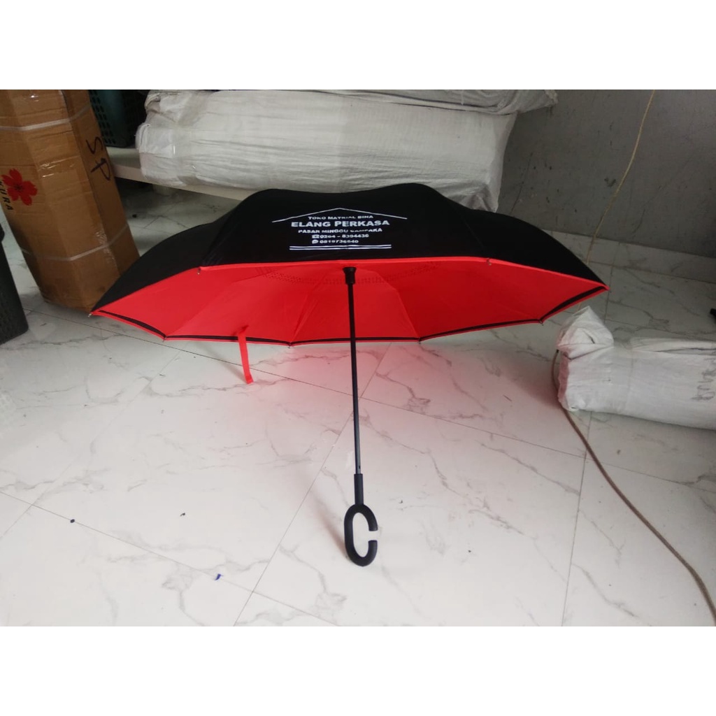 [ payung custom grosir ] Payung Kazbrella Terbalik Reverse Umbrella Gagang C Sarung Premium sablon 1 warna - promosi souvenir