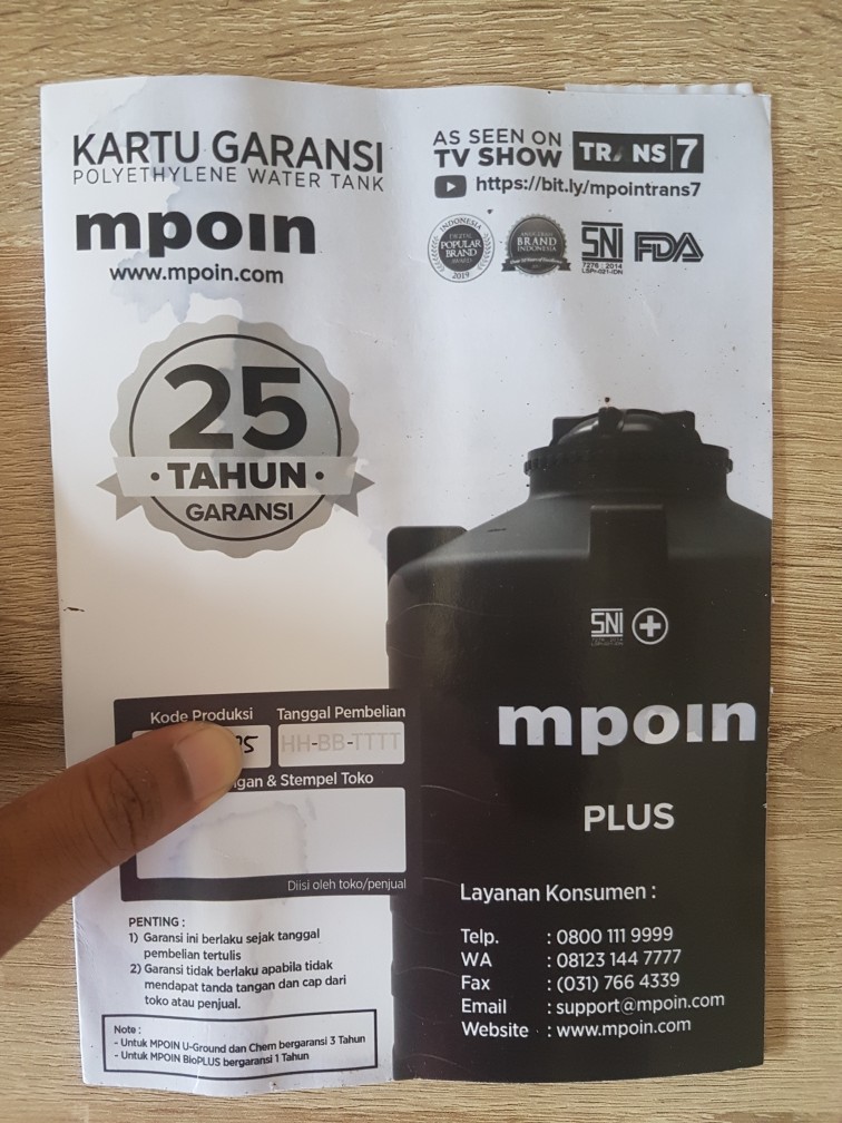 Tangki Tandon Toren Air Mpoin Plus 1200 L Anti Lumut Garansi 25 Thn