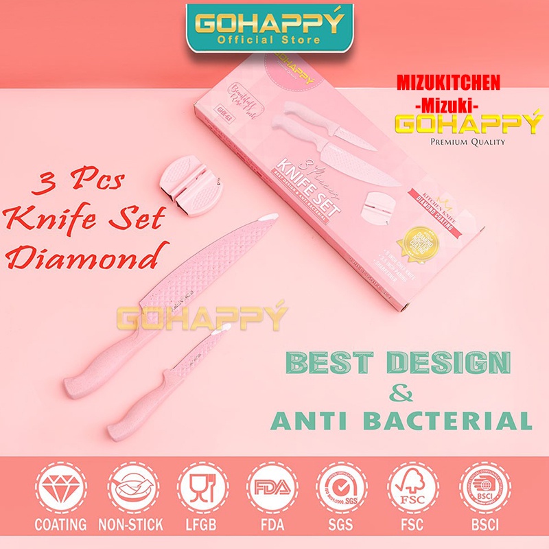 PISAU SET GOHAPPY DIAMOND SERIES 3 PCS GHX63 PINK Knives set kualitas bagus memuaskan