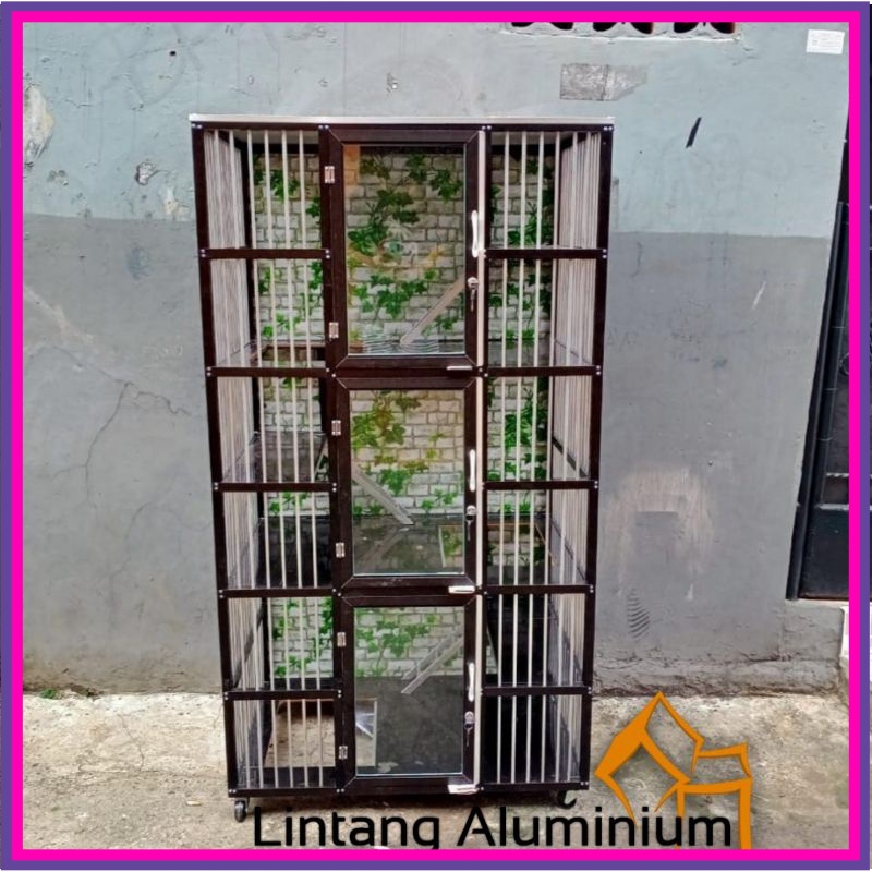 Kandang Kucing Aluminium// 3 tingkat bercorak// pintu kaca