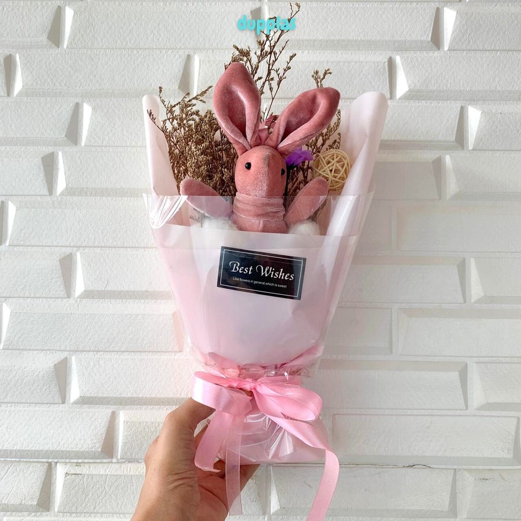 Bucket Bunny Flanel Rose Gift Box Hand Bag Buket Boneka Bunga Mawar Boneka Valentine Kado Wisuda