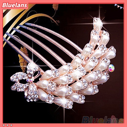 Bluelans Jepit Rambut Model Sisir Bentuk Bunga Merak Aksen Mutiara Berlian Imitasi Untuk Pernikahan
