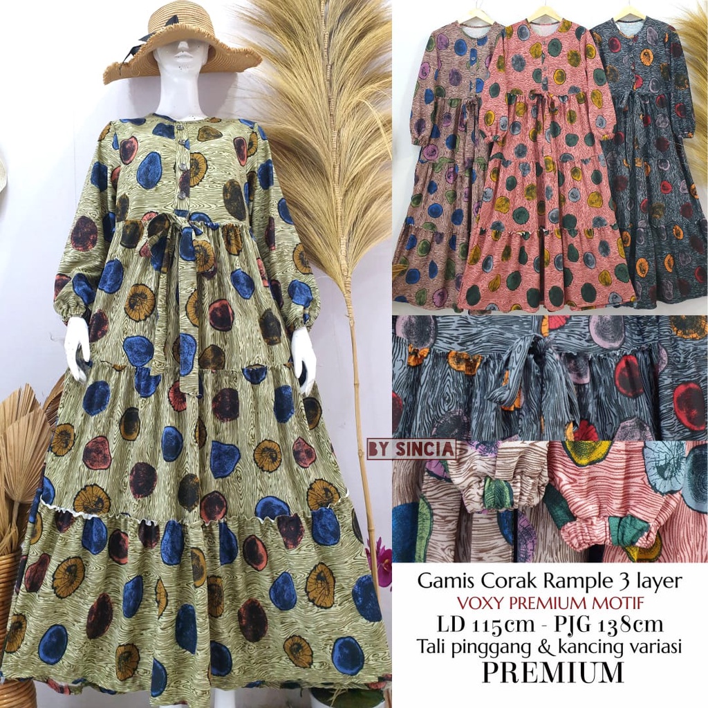 Gamis rempel 3 susun model kancing motif polkadot color + sabuk engan smoked bahan voxy merk sincia