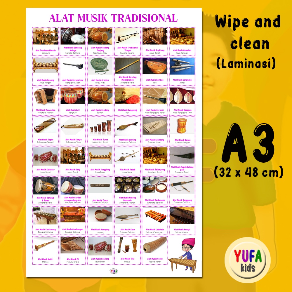 111 poster mengenal alat musik tradisional - Poster Edukasi Anak - Poster belajar anak - Poster wipe