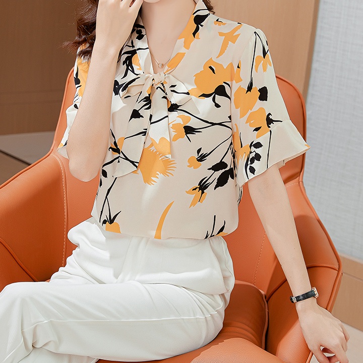 COD New 2022 Fashion Korean Floral Summer Short Sleeve Shirts Black White Women Blouse Tops Blus Wanita Lengan Pendek