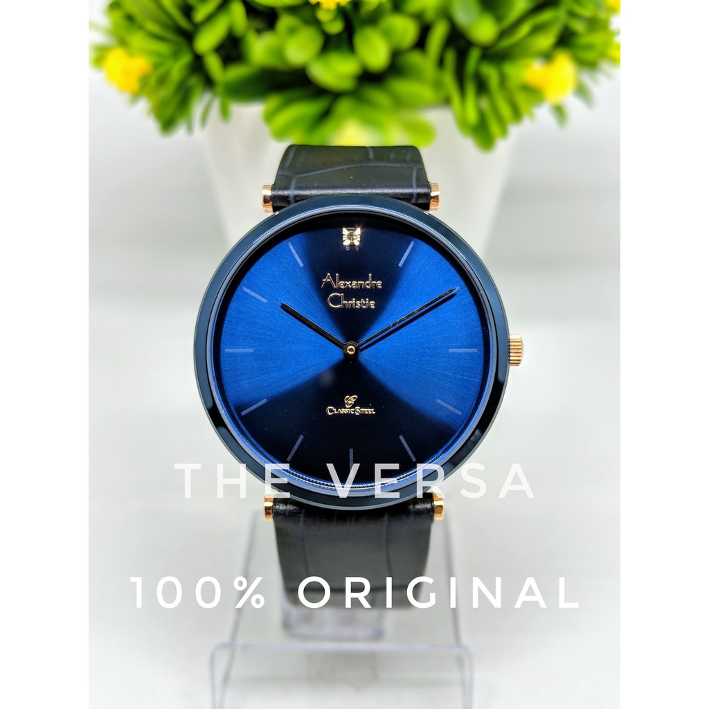 Alexandre Christie AC 8577 Jam Pria Kulit Blue Rosegold