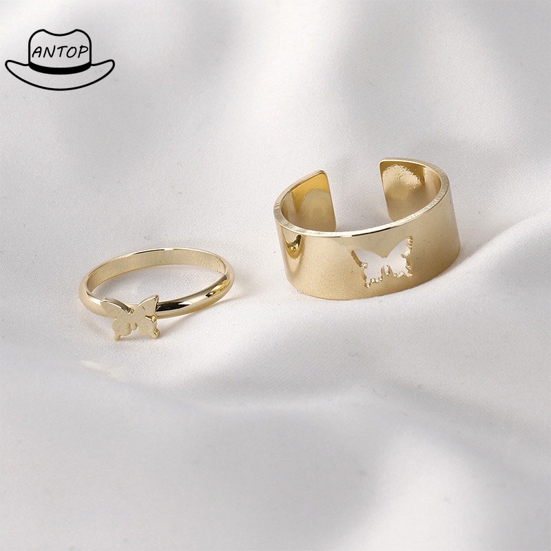 2pcs / Set Cincin Desain Kupu-Kupu Hollow Gaya Retro Untuk Pasangan ANTOP