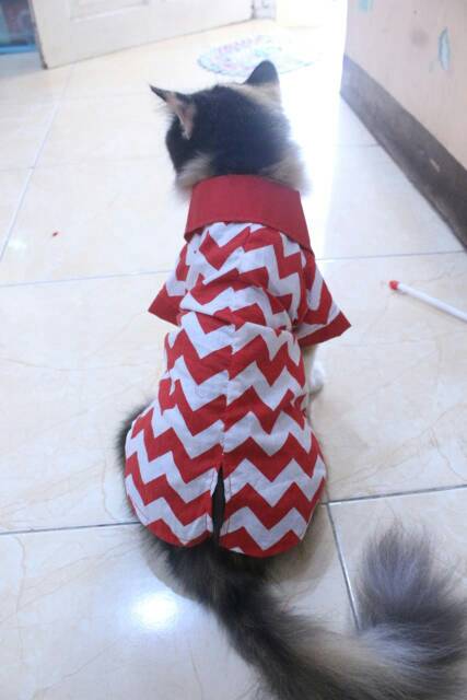 Kemeja merah putih zig-zag lucu untuk kucing dan anjing / baju kucing murah size S-XL