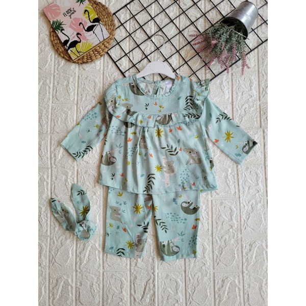 Baju Anak Bayi Perempuan Liliana || One Set Anak Perempuan || Setcel Anak Perempuan-Blue Animal