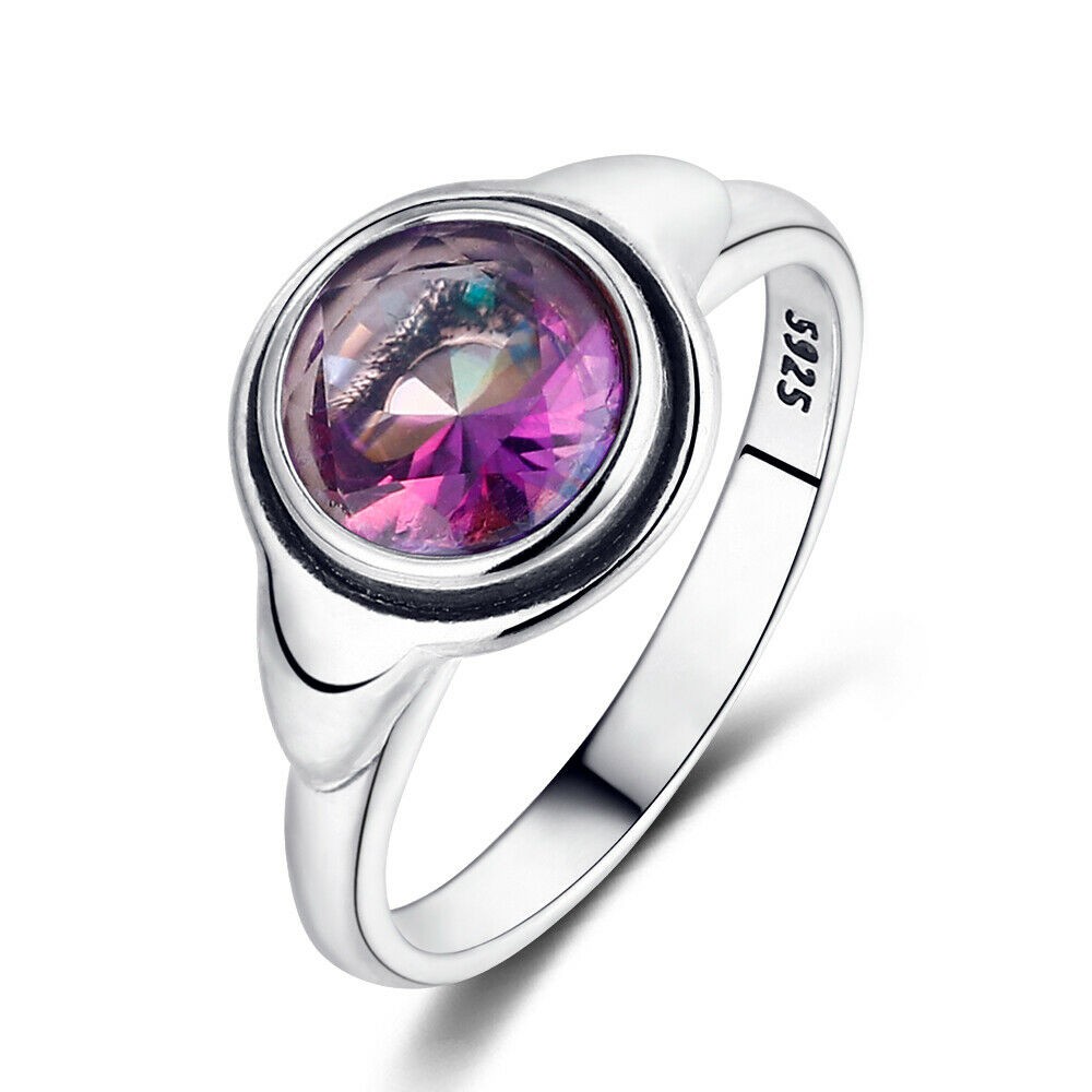 CINCIN 925 Silver Round Rainbow Mystic Topaz Antique