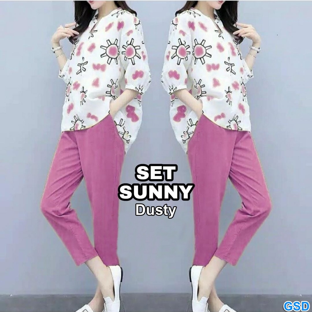 Set Sunny/Stelan Baju Celana Kerja Kantoran/Setelan Baju Celana Wanita/Baju Santai Cewek Motif Bunga Best Seller