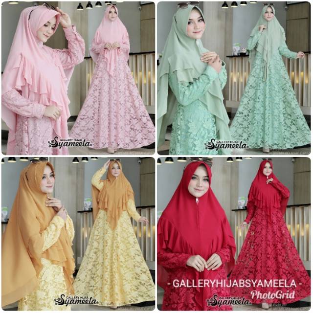 Setelan baju muslim gamis set khimar / gamis brukat mewah / gamis brokat busui / gamis pesta