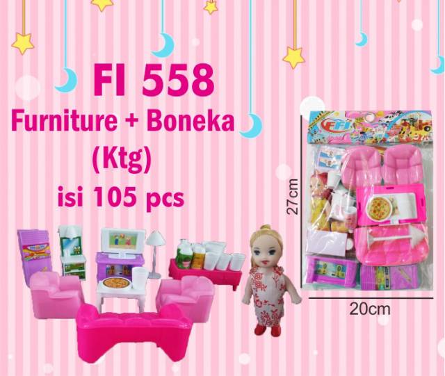 FI 558 furniture + boneka / mainan peralatan rumah ada sofa meja plus tv juga