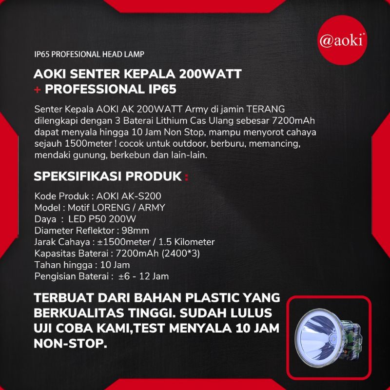 Aoki AK-S200 Headlamp Senter Kepala Loreng Premium Profesional 200W 7200mAh IP65 Power