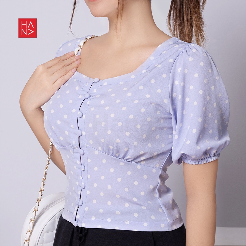 Hana Fashion - Clara Polka Puff Sleeve Blouse Atasan Wanita Gaya Korea - SB203