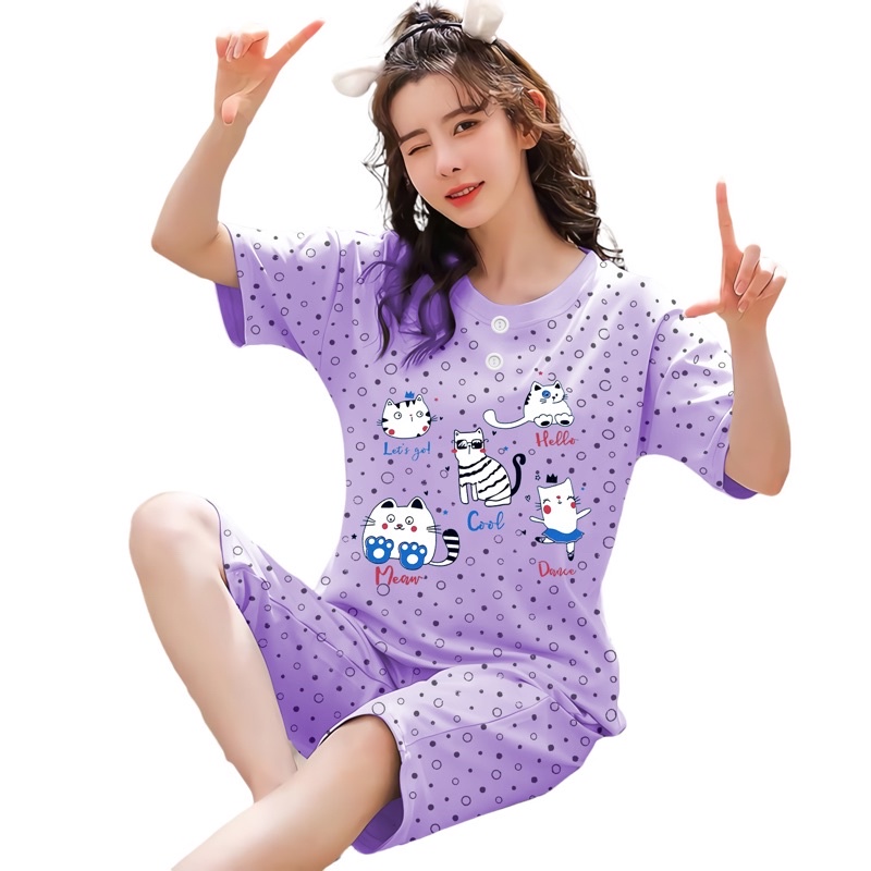 Lilipop.id  Baju Tidur Wanita 3/4 ALL SIZE STANDAR Cat Setelan Piyama BabyDoll Kaos Celana Pendek