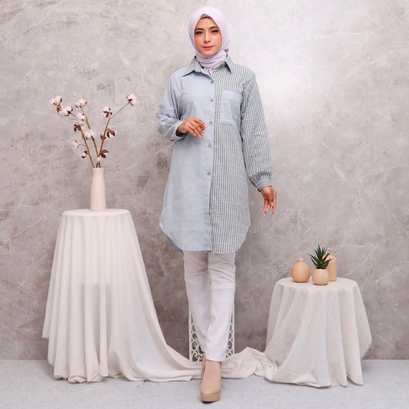 TUNIK KOMBINASI KOTAK MIX POLOS ABG FASHION MUSLIM