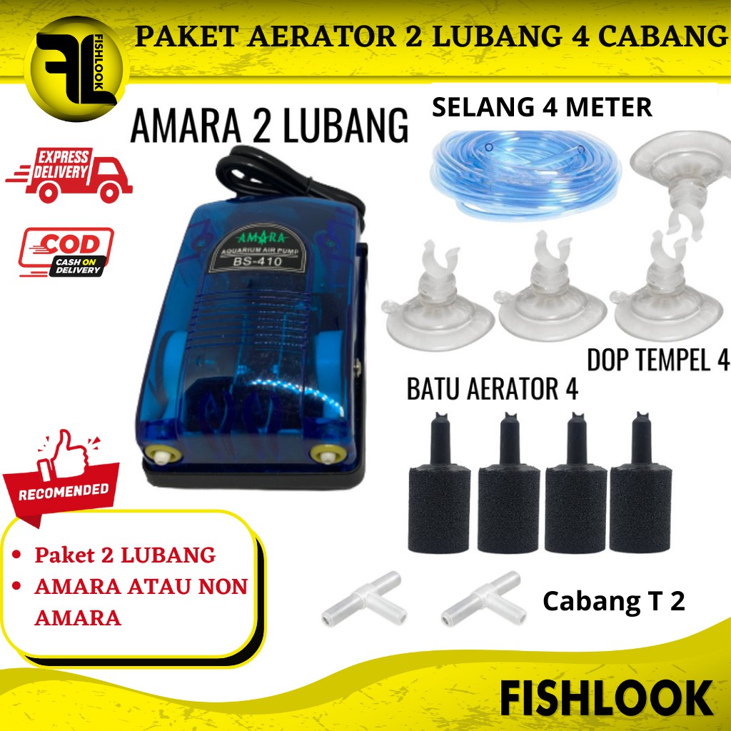 PAKET LENGKAP AERATOR AMARA 2 LUBANG CABANG 4 AQUASCAPE AQUARIUM KOLAM Gelembung Udara Aquarium Airator Airrator