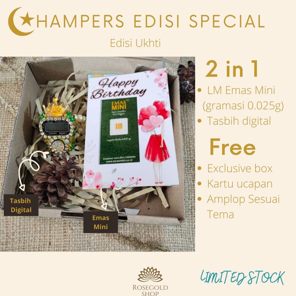 (Bisa COD) Hampers Special Emas Mini dan Tasbih Digital Limited Edition Kado Ulang tahun, Pernikahan, Wisuda, Kelahiran, Hari Raya, Anniversary