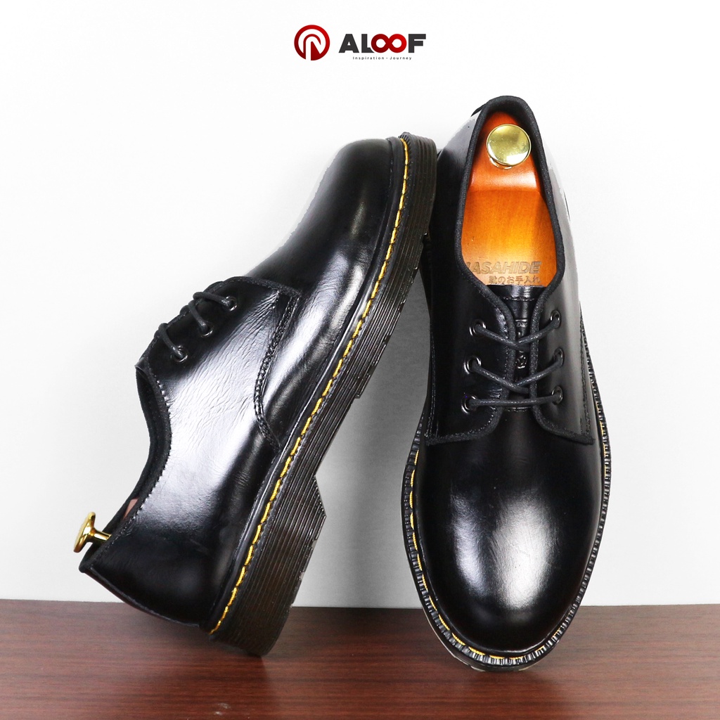 38-45 Aloof DELOW - Sepatu Low Boots Formal Docmart Pria Original Kulit Asli-HITAM Jahit Kuning