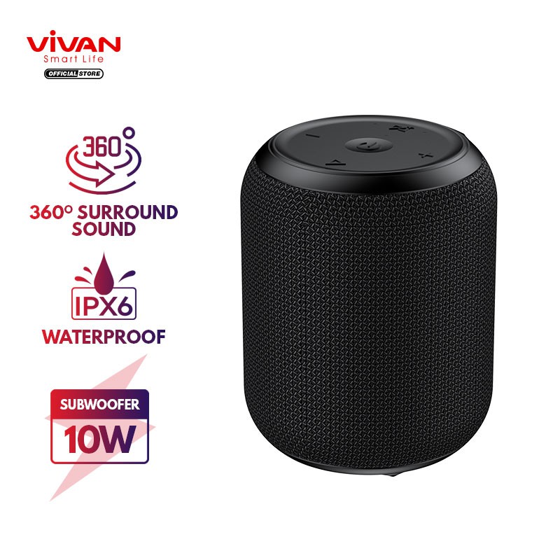 Speaker Bluetooth VIVAN VS12 Wireless Audio Portable Mega Bass Waterproof IPX6 Hi-Fi AUX TWS Bluetooth 5.0 Original Surround Sound 360° Garansi Resmi 1 Tahun-Black