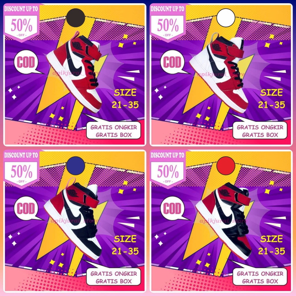sepatu anak laki laki & perempuan Nike air Jordan high unisex kids usia 2 - 10 tahun size 25-35