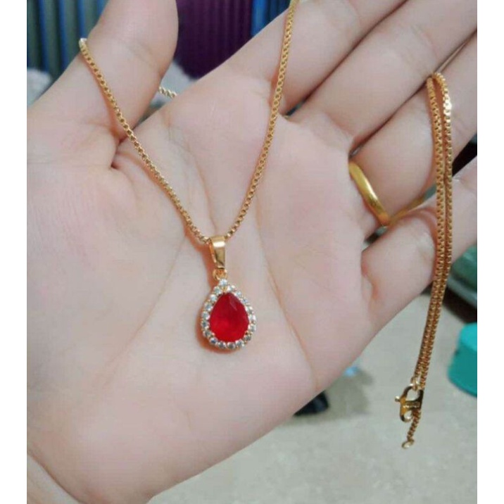 kalung free liontin batu merah rosegold fashion wanita titanium original anti luntur