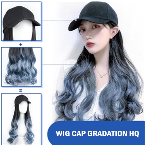 HTG premium half wig topi baseball tebal gradasi abu biru wig hat rambut palsu hair extension lurus wavy