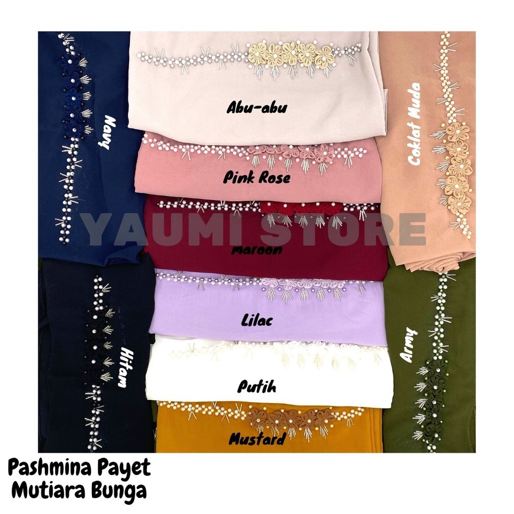 Jilbab Pashmina Tali Payet Mutiara Bunga 75 x 180 Cm