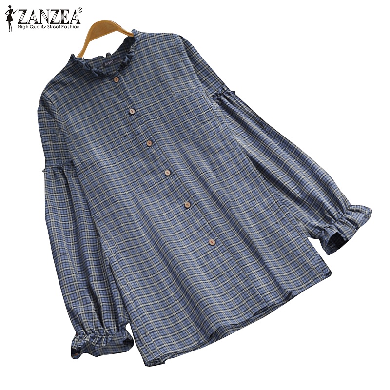 ZANZEA Women Full Sleeved Plaid Check Puff Sleeved Blouse Loose Autumn Shirts