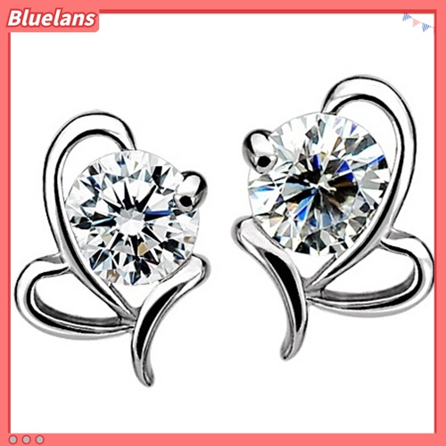 Anting Stud 925 Sterling Silver Bentuk Hati Bulat Aksen Zircon Untuk Wanita