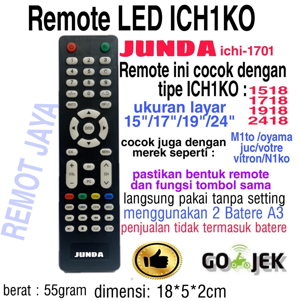 REMOTE LED TV CINA REMOTE TV LED ICHIKO JUNDA ICHI-1701 SEPERTI ORIGINAL