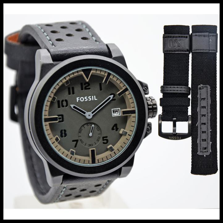 Jam Tangan Pria / Cowok Fossil Paket 05 Leather Black Plat Grey
