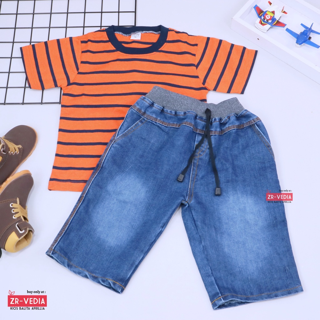 Setelan Salur Jeans uk 5-6 Tahun / Baju Anak Laki Kaos Pendek Celana Jeans Semi Denim Cowok Kiosbalitaaprillia