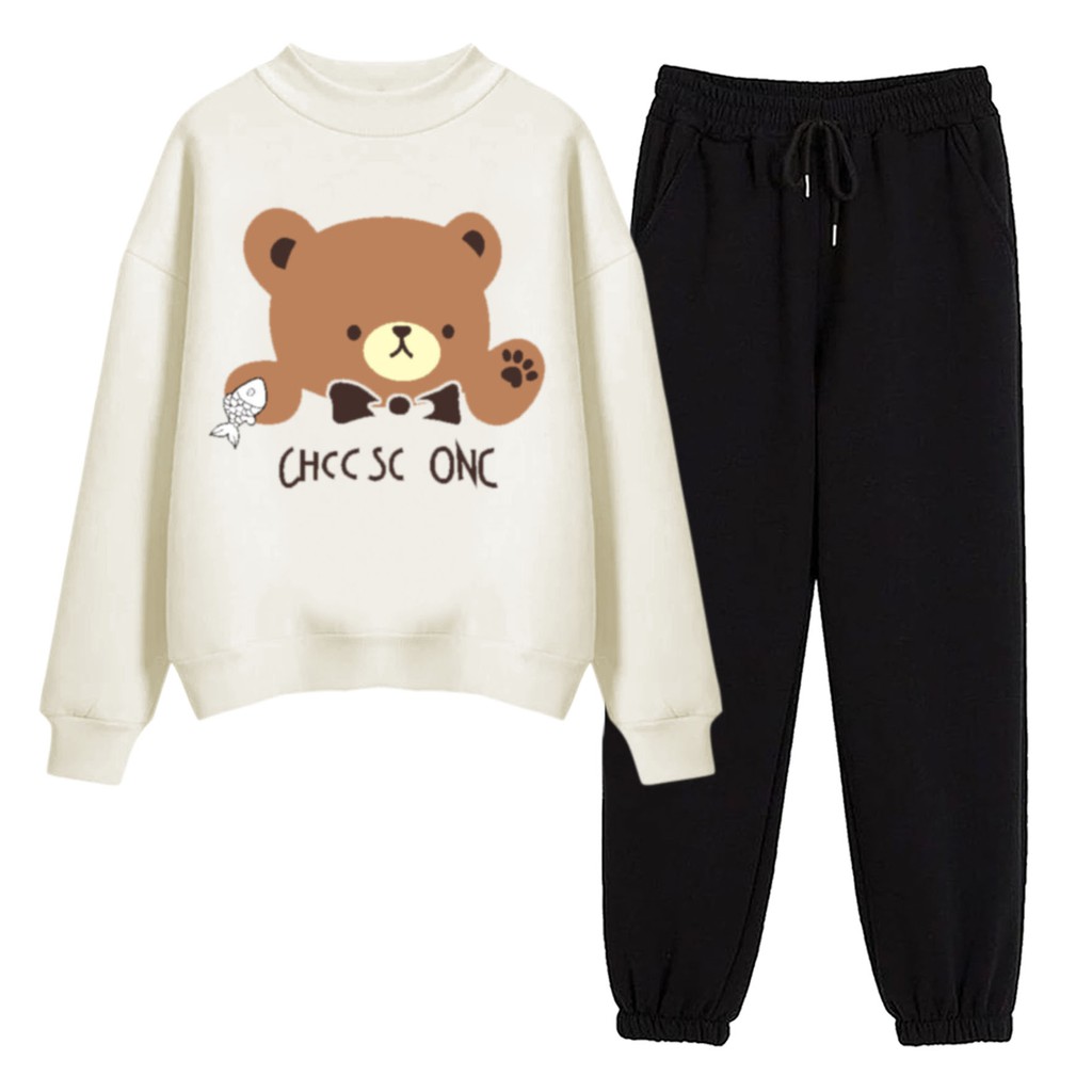 BESS - Baju Setelan Wanita Murah / Setelan Sweater + Jogger Hitam - BEAR ONE