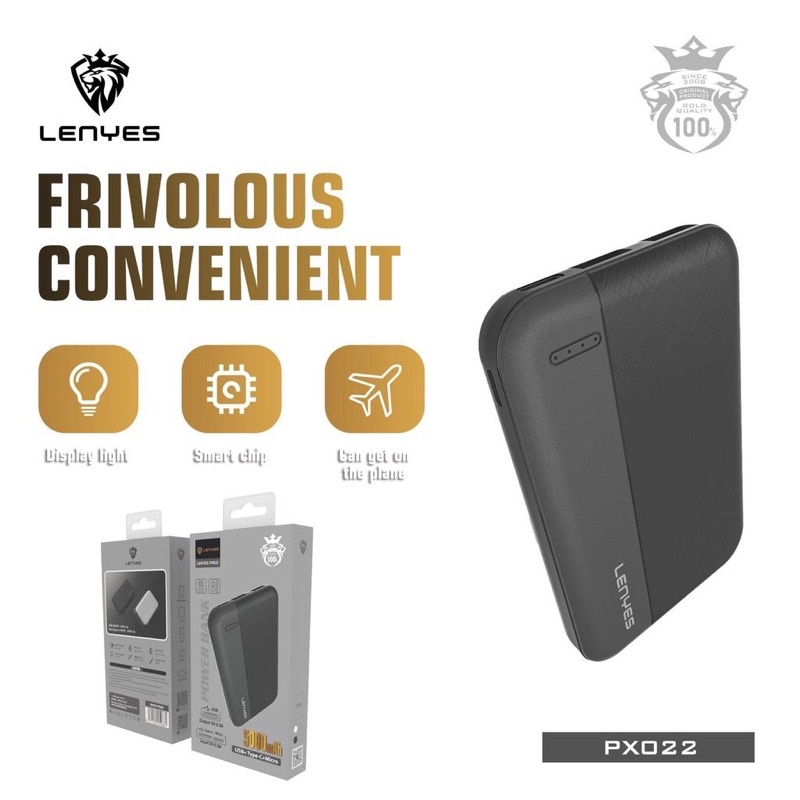 Powerbank 5.000 Mah Slim Mini Lenyes Original PX-022 Real Capacity Led Light 5000 Mah 2 USB