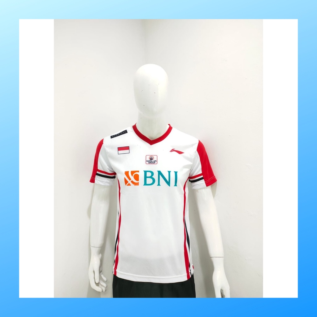 Kaos bulutangkis pria baju badminton atasan jersy wanita dewasa t-shirt outfit seragam kostum jersey olahraga casual suit pakaian jarsey oblong apparel sports jersi sudirman thomas uber cup bulu tangkis L159 putih sponsor