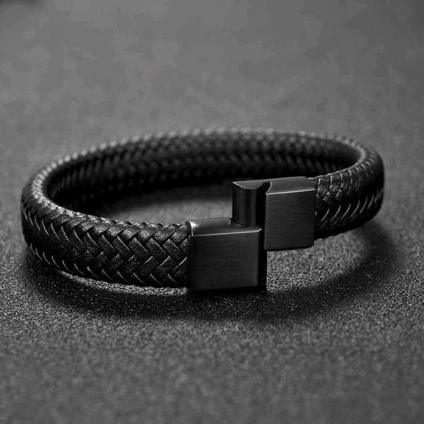 GELANG KULIT PRIA COWOK STAINLESS STELL BUCKLE BLACK DOFF MAGNETIC LEATHER PREMIUM