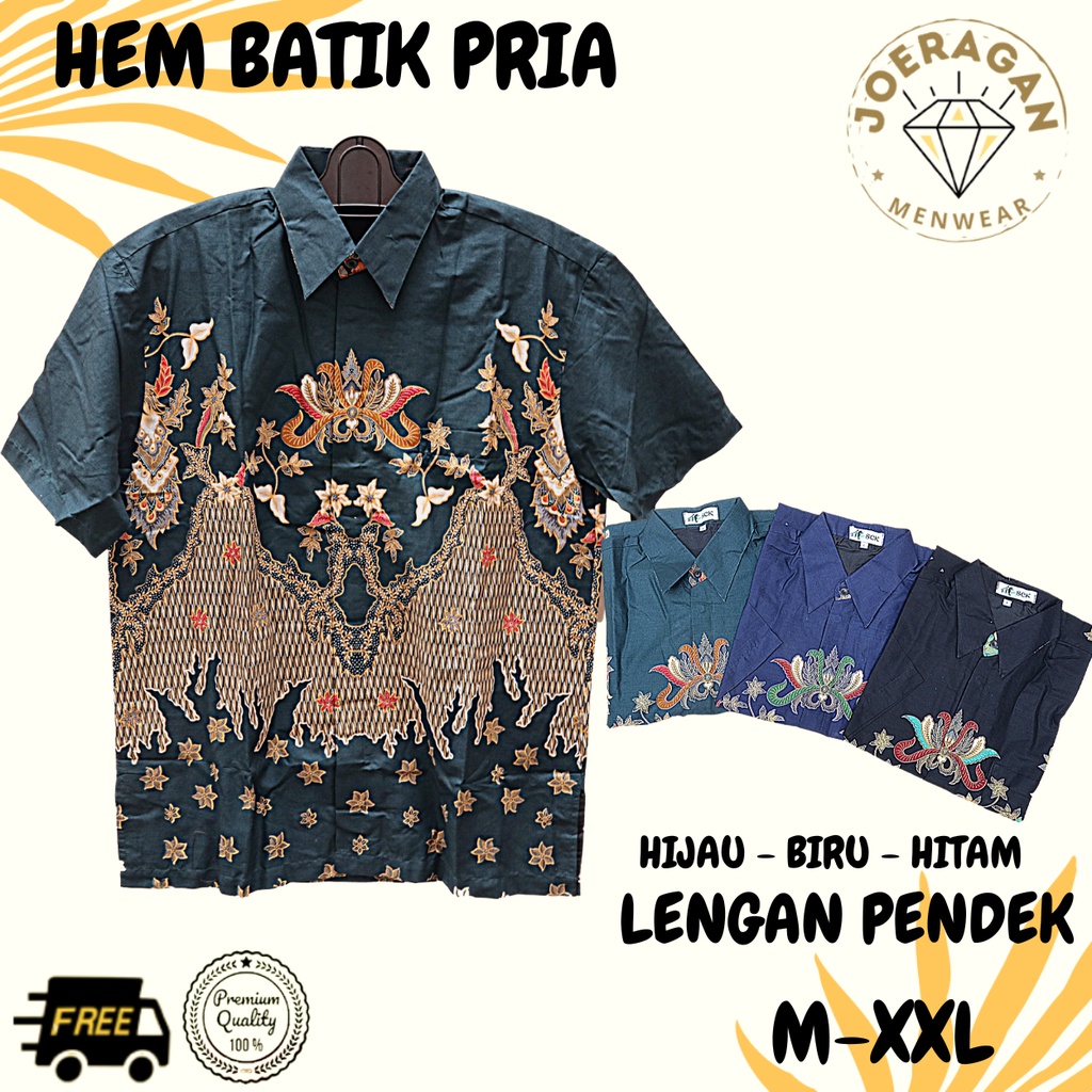 Kemeja Lengan Pendek Batik Motif Bunga & Merak Size M-XL JUMBO / Hem Pria Bahan Sutra Halus Full Fur